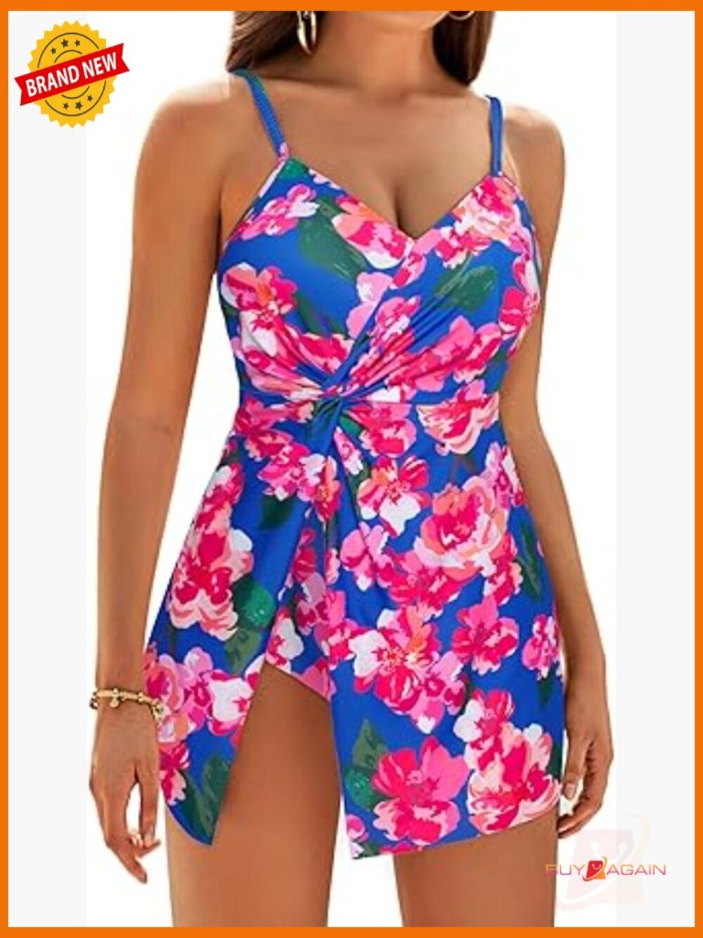V Neck Tummy Control One Piece Swim Dress with Side Split